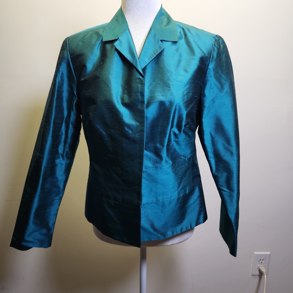 Vtg Freeport Studio 100% Silk Blazer Sz 10 Green Lined Hidden Placket Holiday